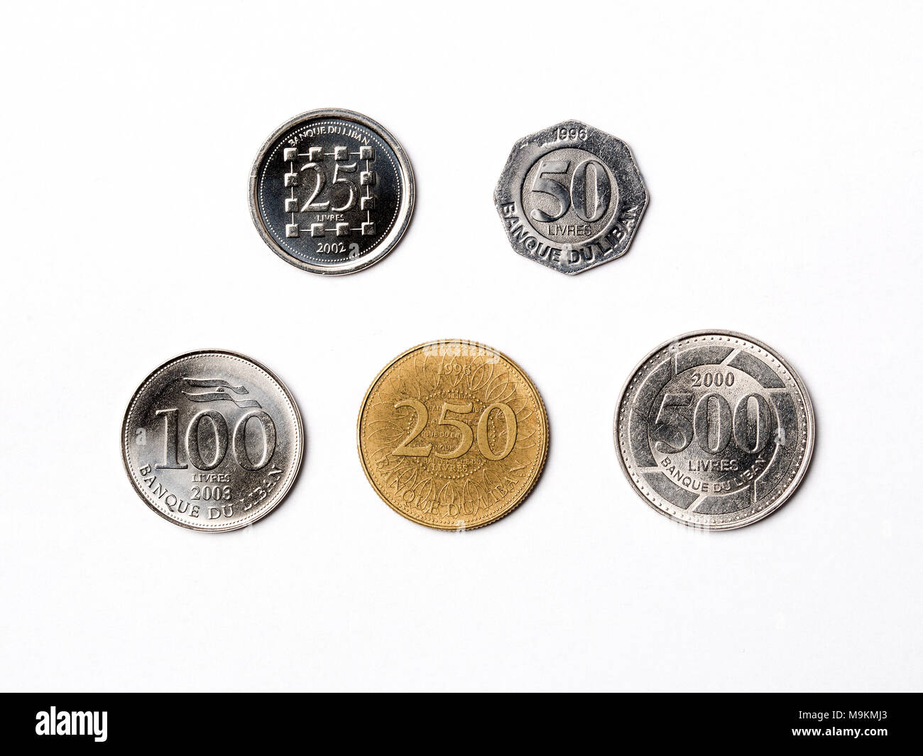 Lebanese coins on a white background Stock Photo