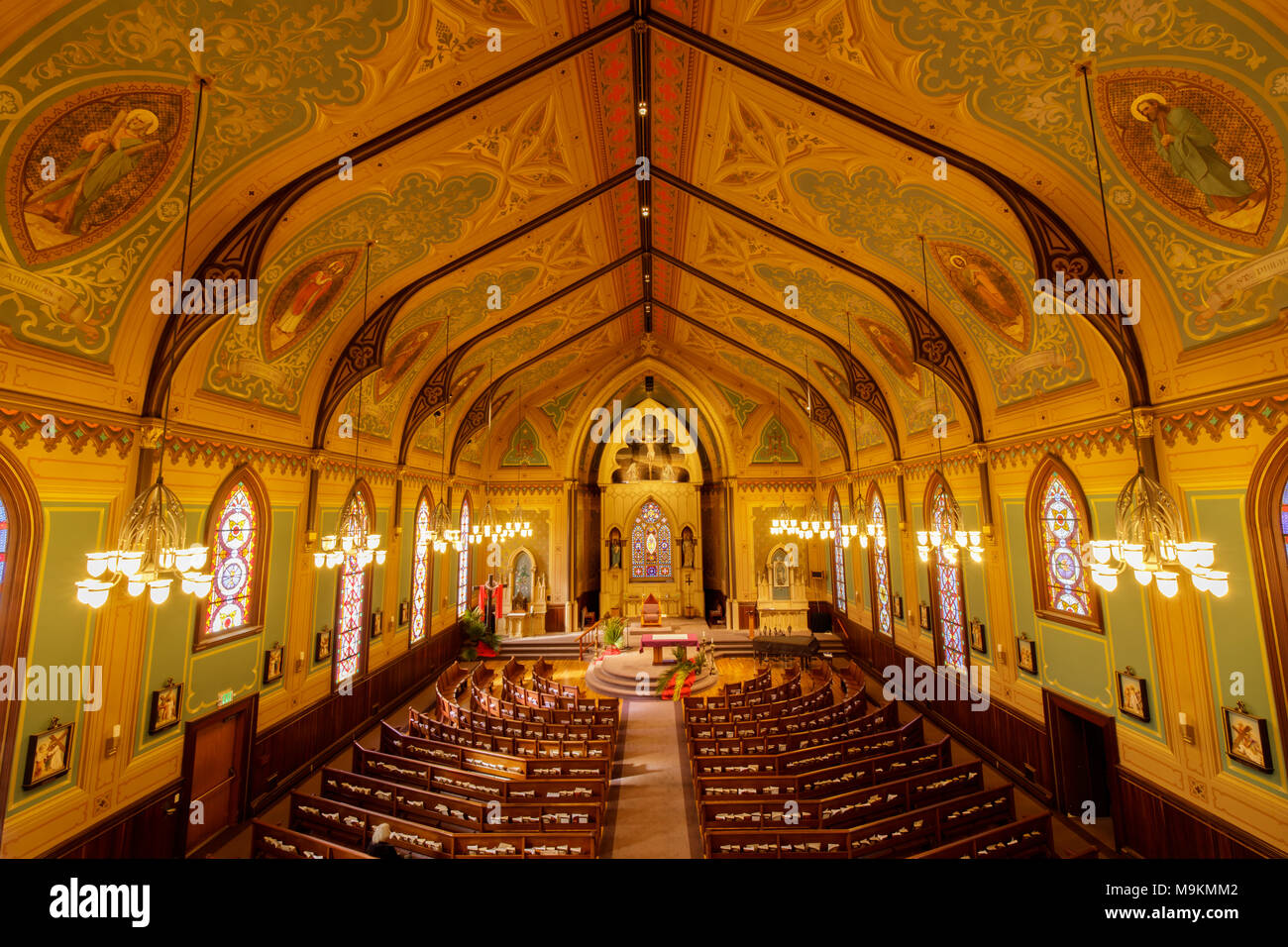 Santa Cruz, California - March 24, 2018: Interiors of Holy Cross Catholic Church. Stock Photo