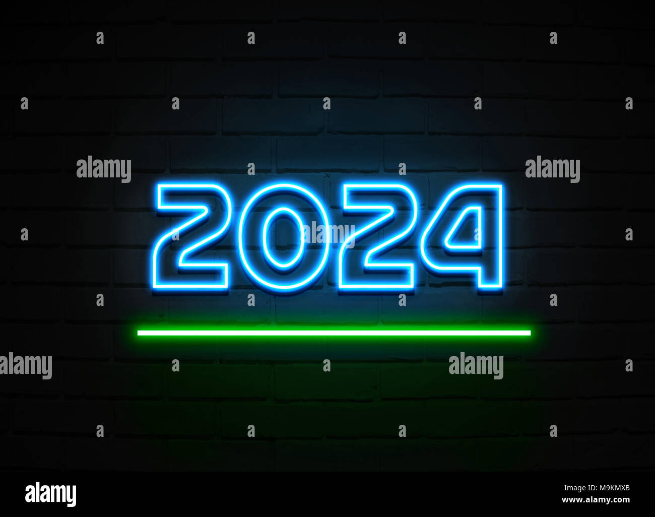 2024 neon sign Glowing Neon Sign on brickwall wall 3D rendered