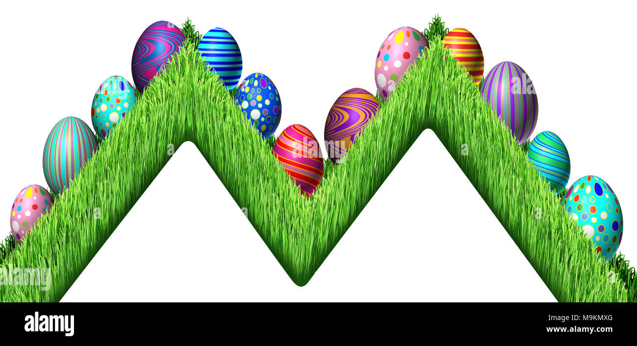 Easter Egg hunt design with eggs in a zig zag row sitting on green grass as a symbol of spring and a holiday decoration of the renewal season. Stock Photo