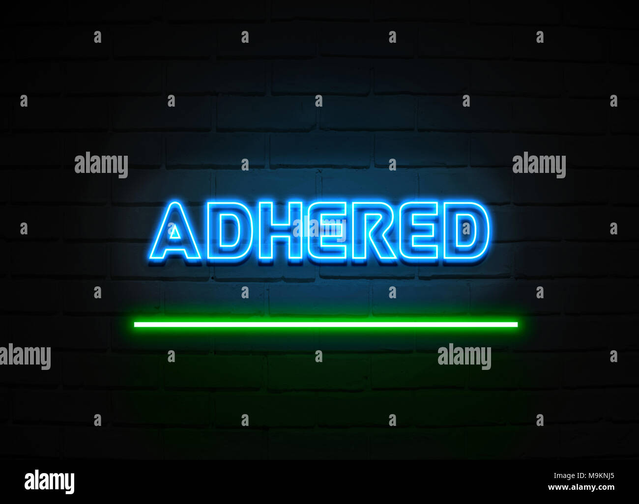 Adhered neon sign - Glowing Neon Sign on brickwall wall - 3D rendered royalty free stock illustration. Stock Photo
