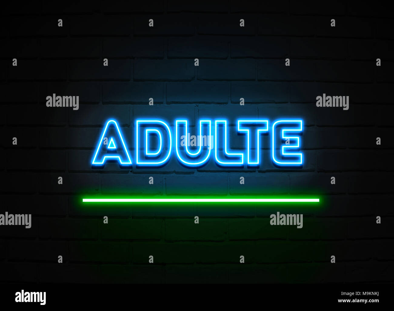 Adulte neon sign - Glowing Neon Sign on brickwall wall - 3D rendered royalty free stock illustration. Stock Photo