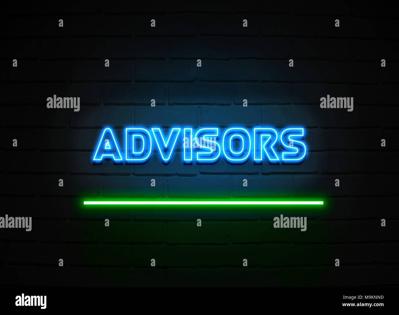 Advisors neon sign - Glowing Neon Sign on brickwall wall - 3D rendered royalty free stock illustration. Stock Photo