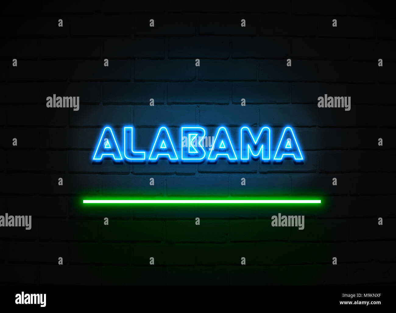 Alabama neon sign Glowing Neon Sign on brickwall wall 3D rendered