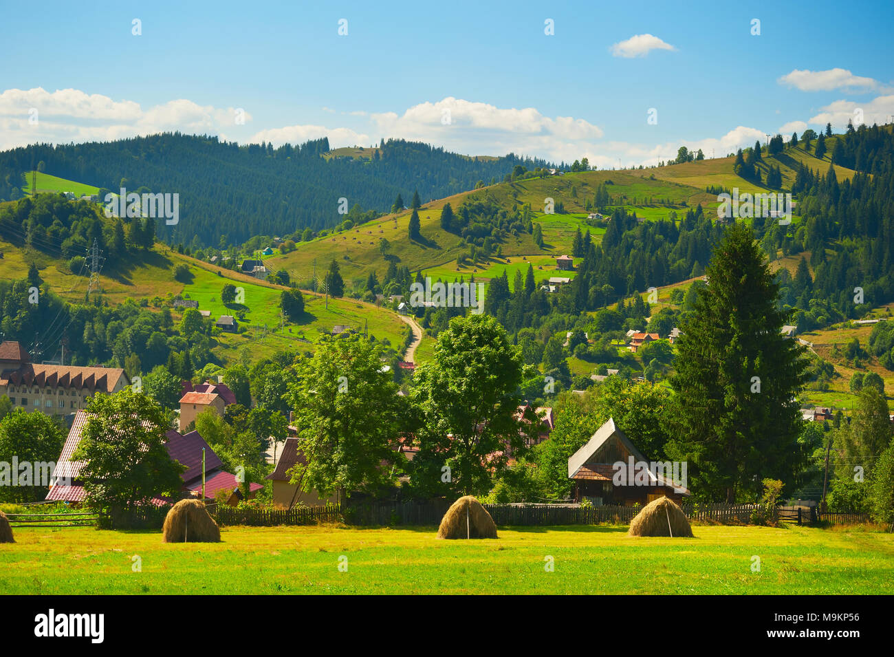 View of Carpathians mountains village in the hot summer day. Ukraine ...