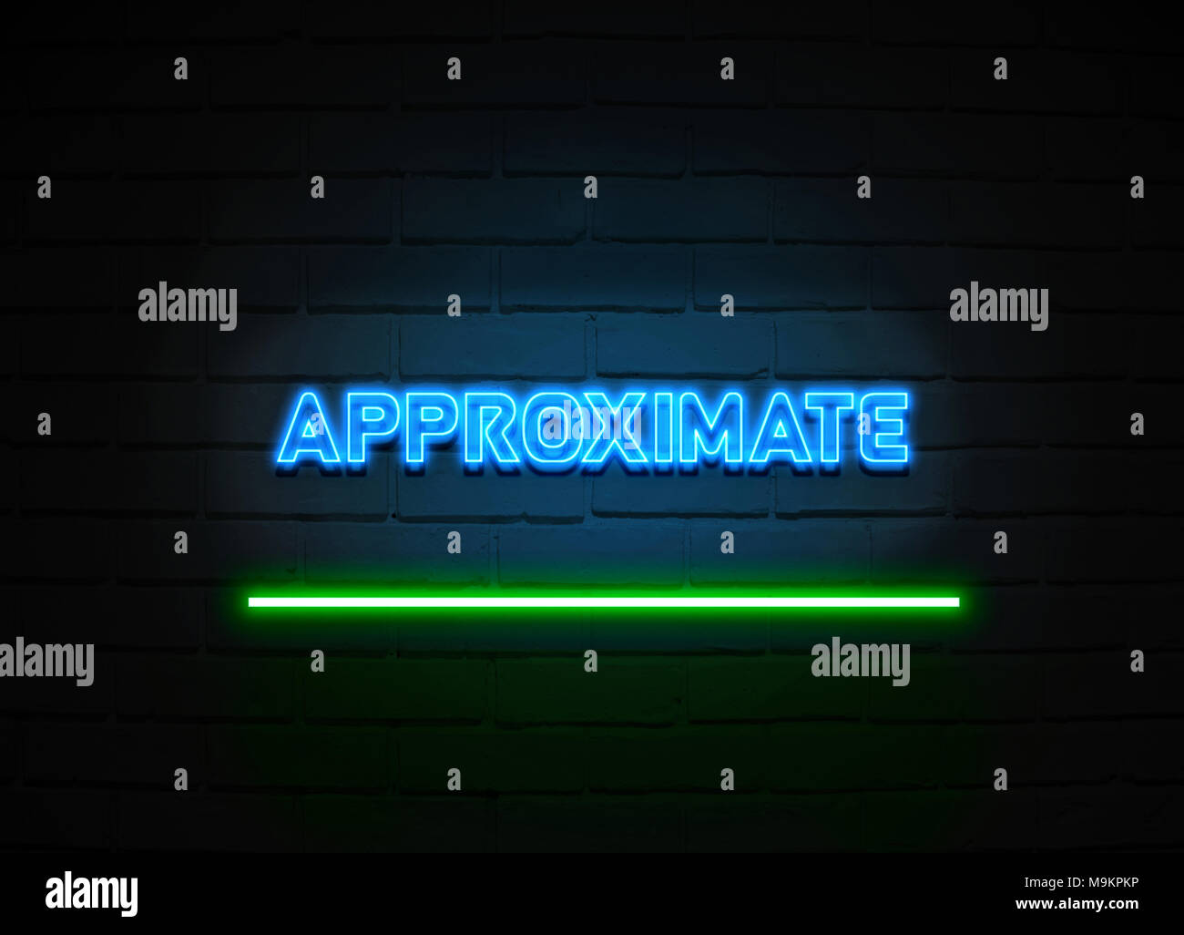 Approximate neon sign - Glowing Neon Sign on brickwall wall - 3D rendered royalty free stock illustration. Stock Photo