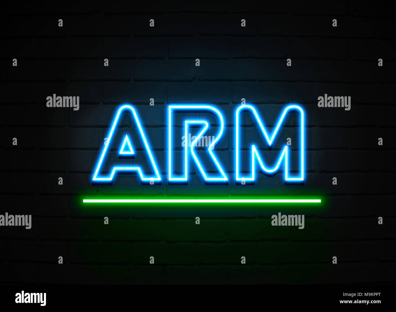 Arm neon sign Glowing Neon Sign on brickwall wall 3D rendered