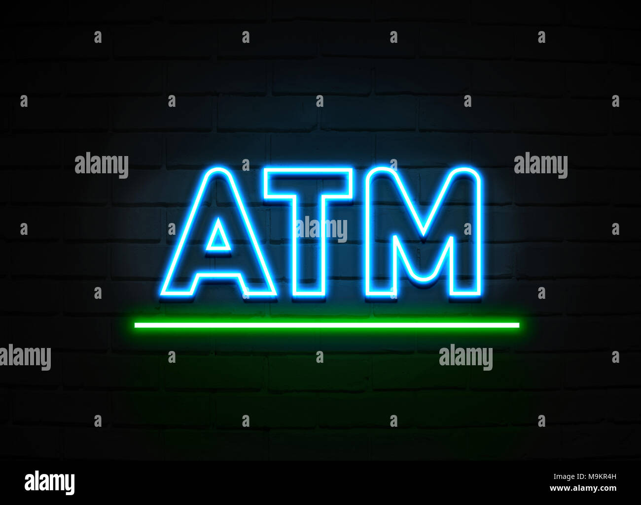 Atm neon sign - Glowing Neon Sign on brickwall wall - 3D rendered
