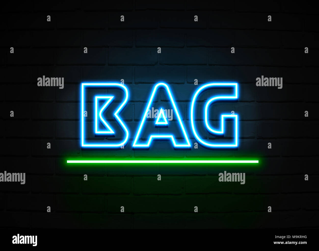 Bag neon sign Glowing Neon Sign on brickwall wall 3D rendered