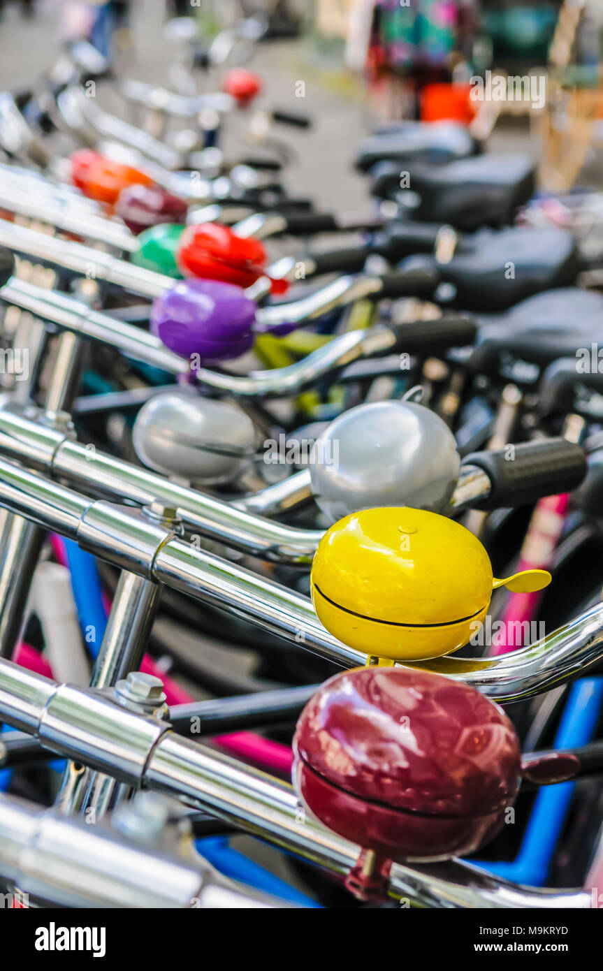 Bicycles parked in a neat row, Amsterdam, North Holland, Netherlands. Stock Photo
