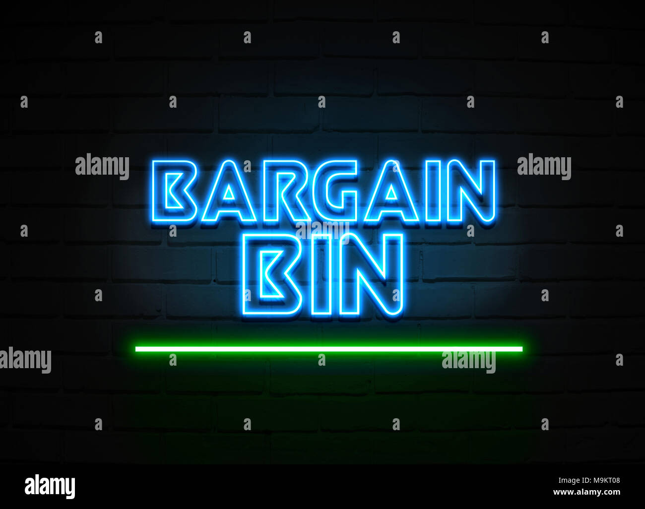 Bargain Bin neon sign - Glowing Neon Sign on brickwall wall - 3D rendered royalty free stock illustration. Stock Photo