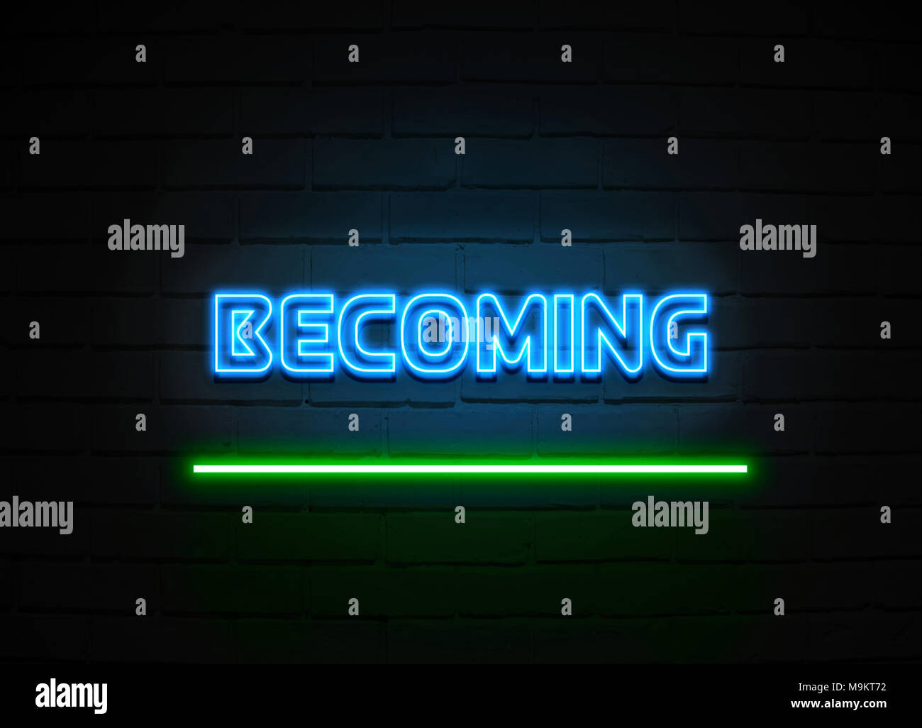 Becoming neon sign - Glowing Neon Sign on brickwall wall - 3D rendered royalty free stock illustration. Stock Photo