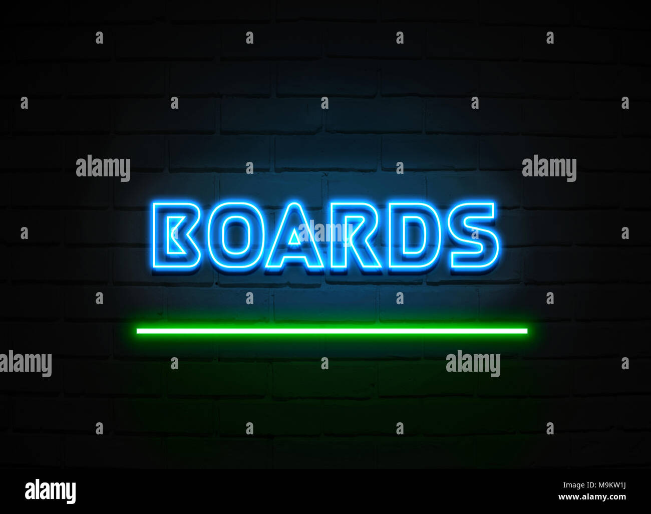Boards neon sign - Glowing Neon Sign on brickwall wall - 3D rendered royalty free stock illustration. Stock Photo