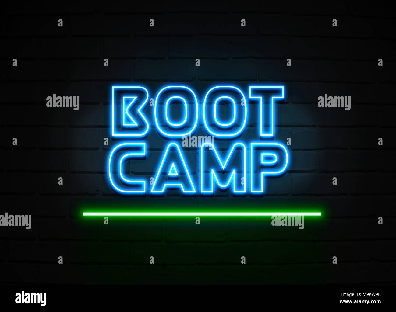 Boot Camp neon sign - Glowing Neon Sign on brickwall wall - 3D rendered royalty free stock illustration. Stock Photo