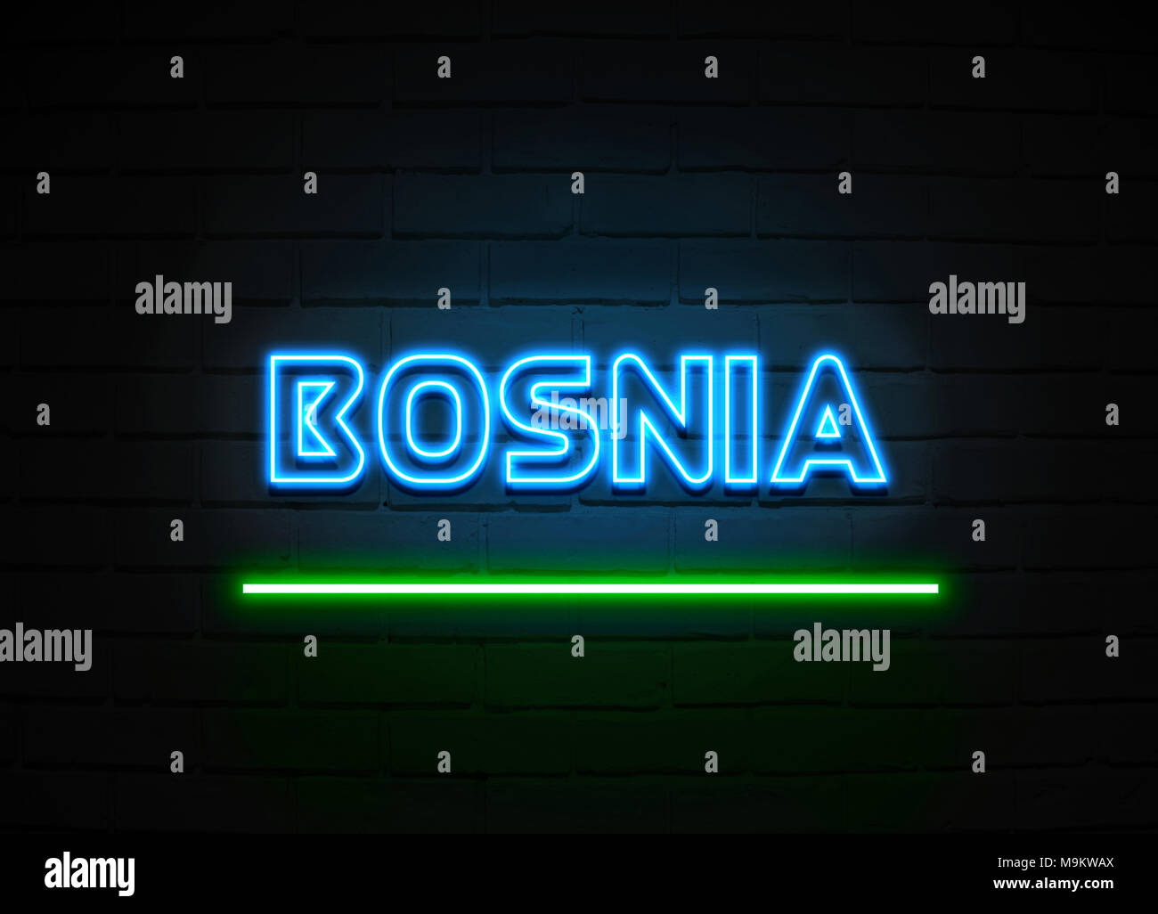 Bosnia neon sign - Glowing Neon Sign on brickwall wall - 3D rendered royalty free stock illustration. Stock Photo