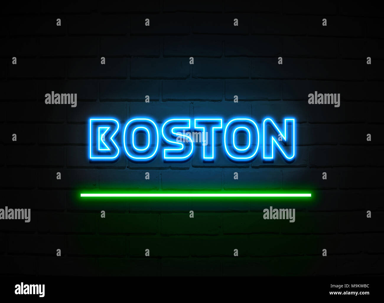 Boston neon sign Glowing Neon Sign on brickwall wall 3D rendered