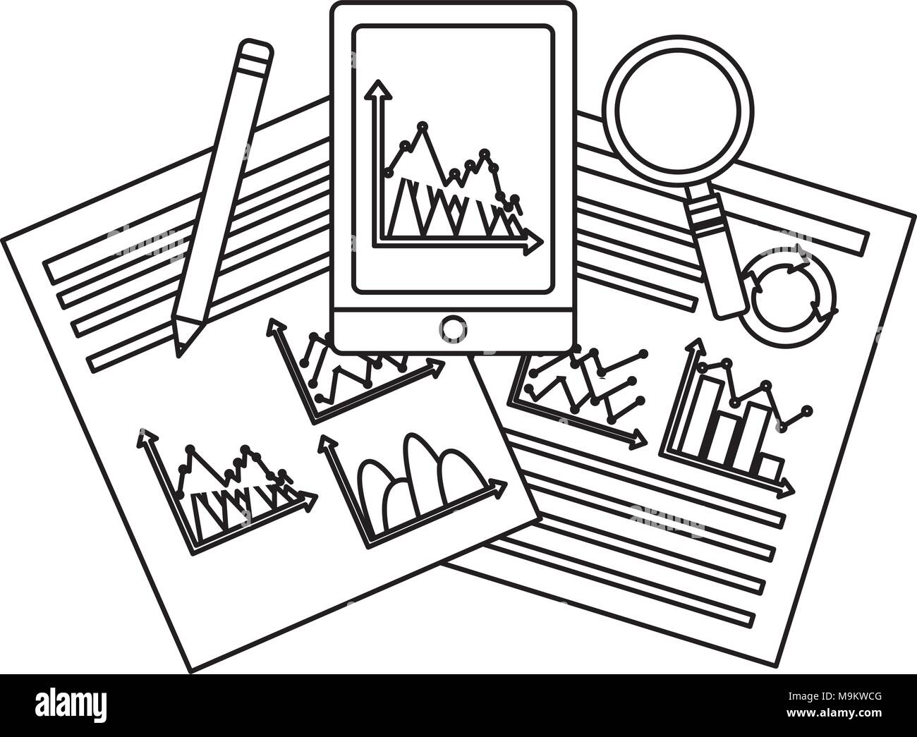 smartphone business documents pencil analysis search Stock Vector