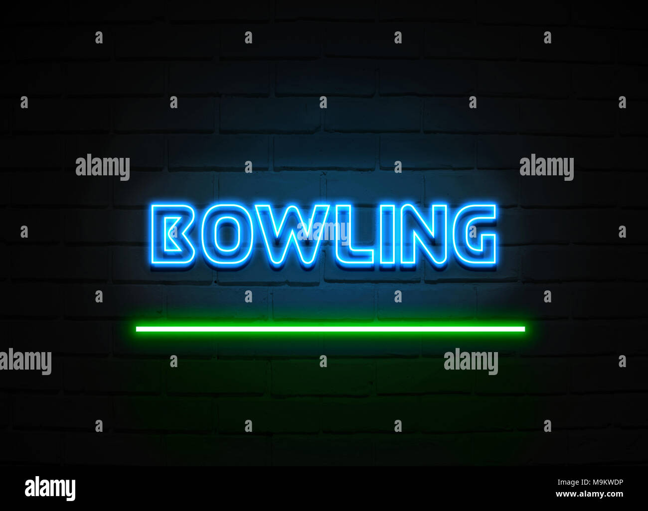 Bowling neon sign - Glowing Neon Sign on brickwall wall - 3D rendered