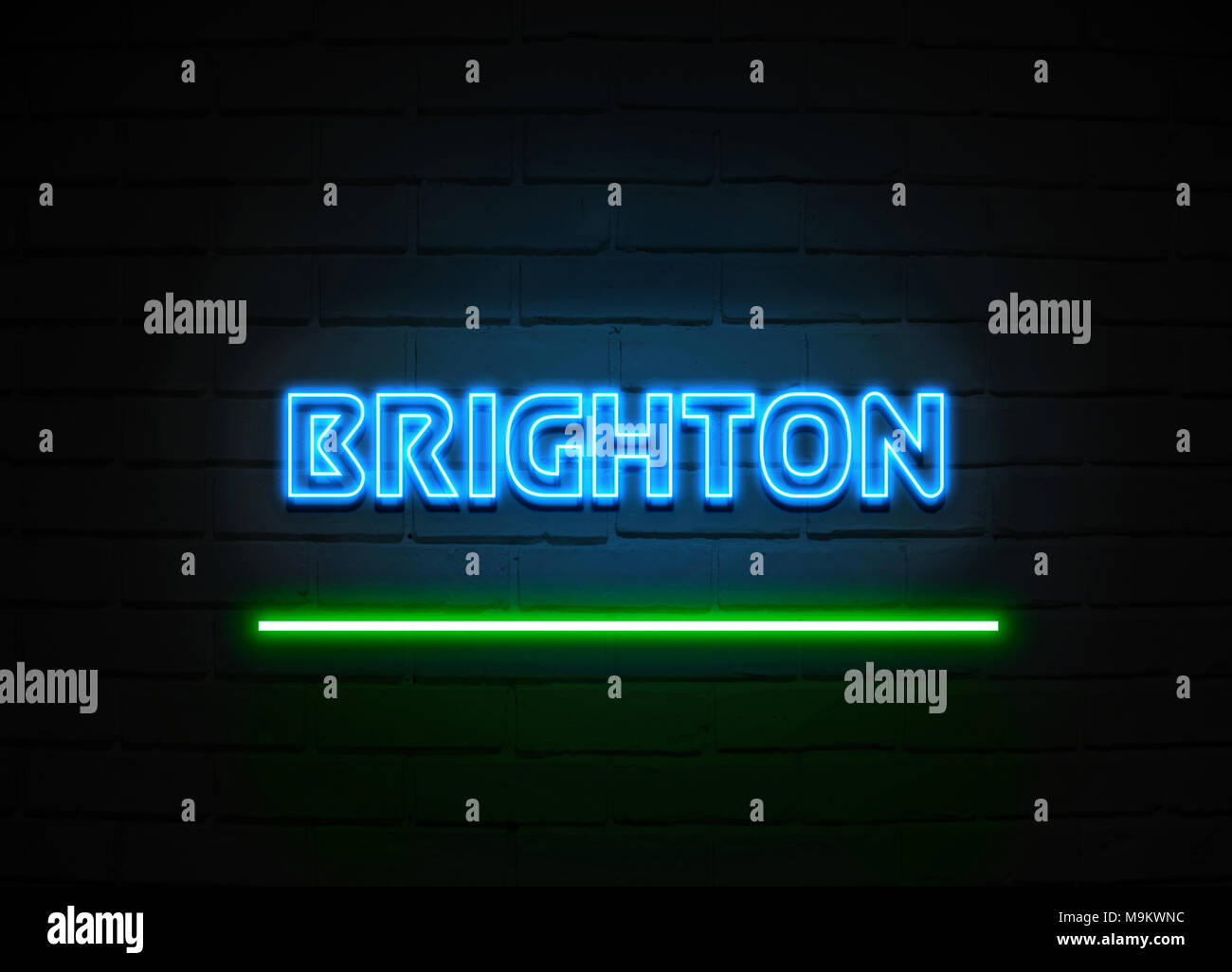 Brighton neon sign Glowing Neon Sign on brickwall wall 3D rendered