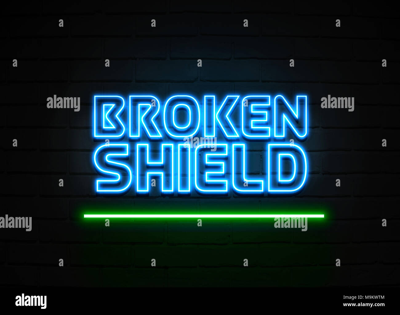 Broken Shield  neon sign - Glowing Neon Sign on brickwall wall - 3D rendered royalty free stock illustration. Stock Photo