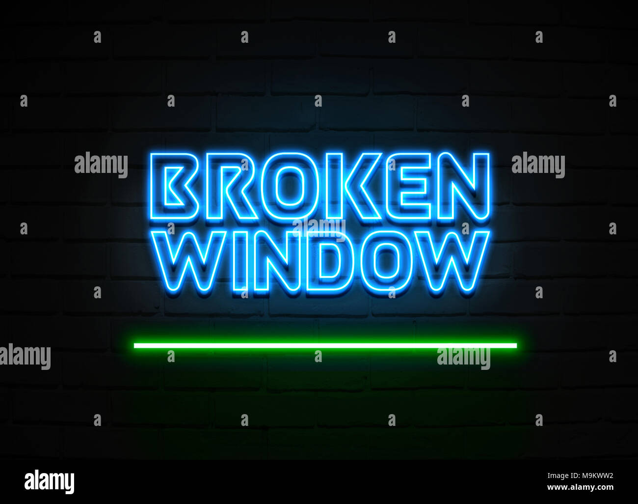 Broken Window neon sign - Glowing Neon Sign on brickwall wall - 3D rendered royalty free stock illustration. Stock Photo