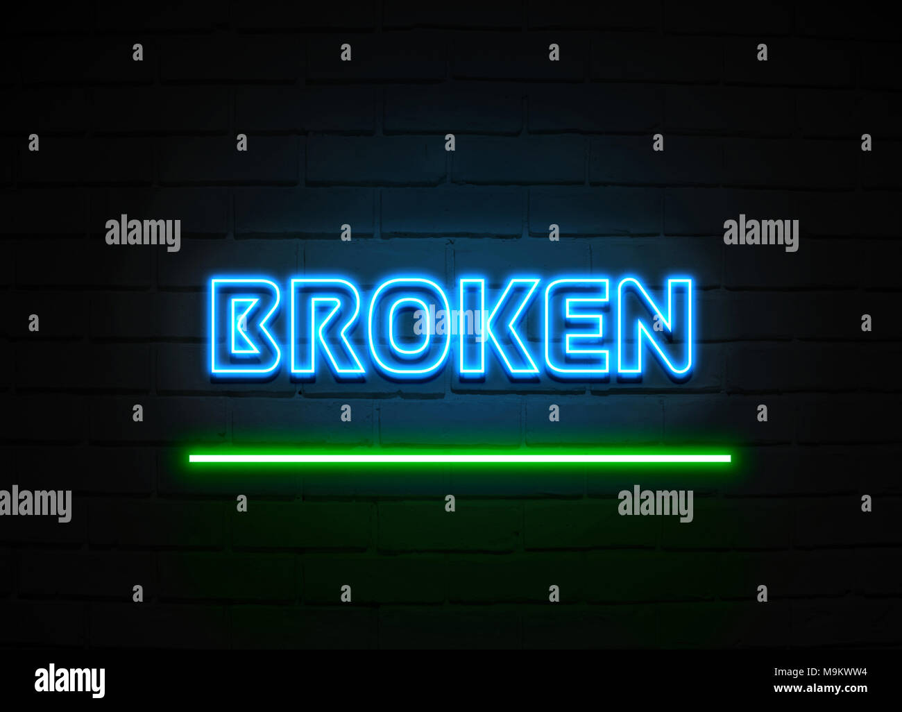 Broken neon sign - Glowing Neon Sign on brickwall wall - 3D rendered royalty free stock illustration. Stock Photo