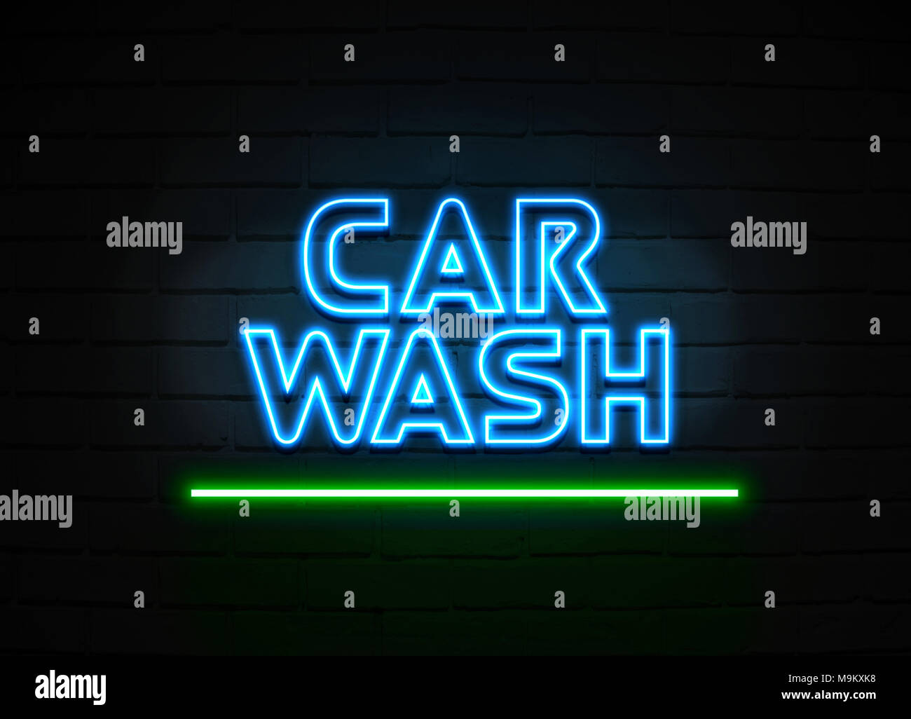 Car Wash neon sign - Glowing Neon Sign on brickwall wall - 3D rendered