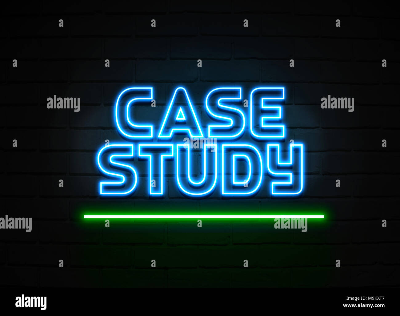Case Study neon sign - Glowing Neon Sign on brickwall wall - 3D rendered royalty free stock illustration. Stock Photo