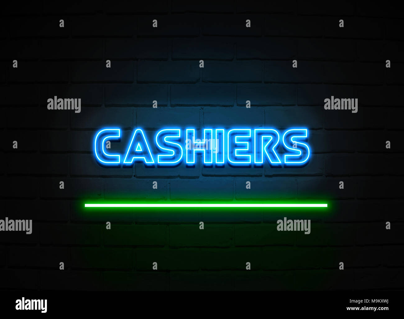 Cashiers neon sign - Glowing Neon Sign on brickwall wall - 3D rendered royalty free stock illustration. Stock Photo