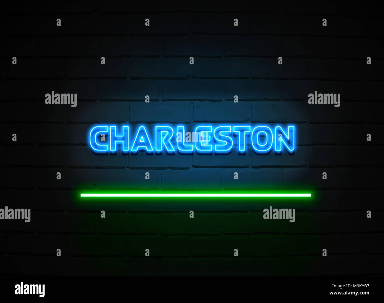 Charleston neon sign Glowing Neon Sign on brickwall wall 3D