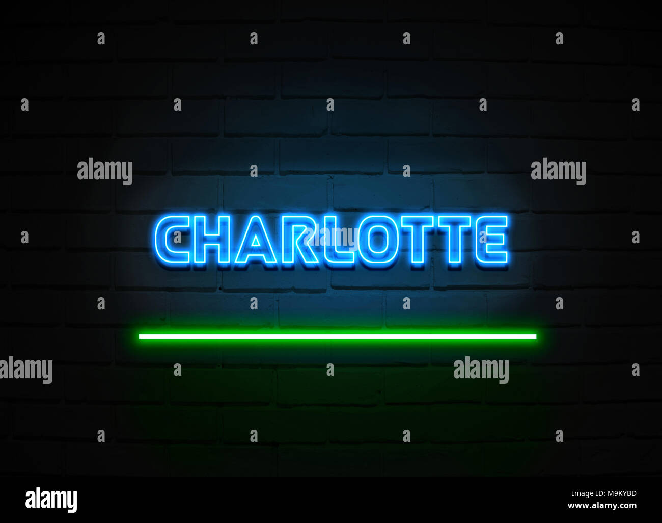 Charlotte  neon sign - Glowing Neon Sign on brickwall wall - 3D rendered royalty free stock illustration. Stock Photo