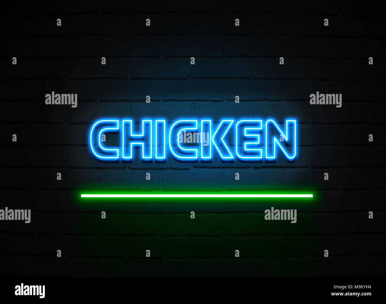 Chicken neon sign - Glowing Neon Sign on brickwall wall - 3D rendered