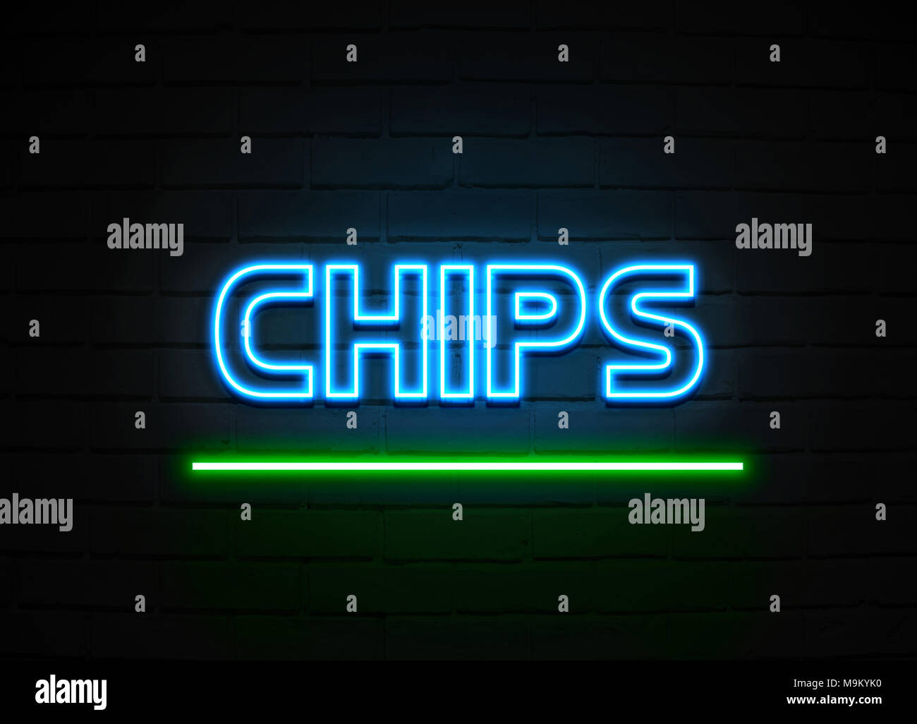 Chips neon sign Glowing Neon Sign on brickwall wall 3D rendered
