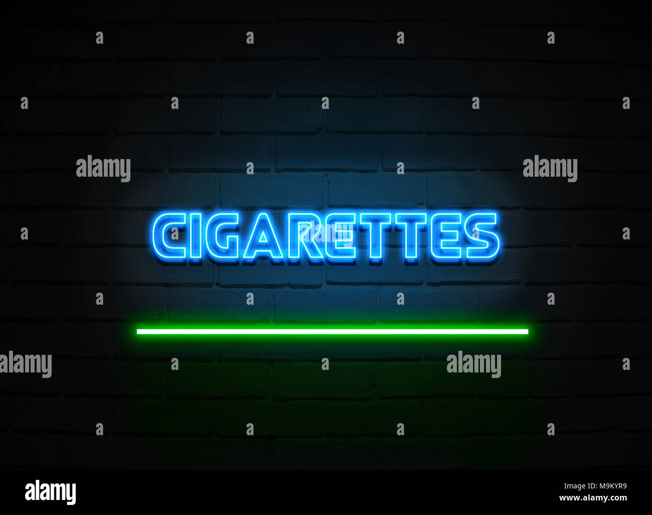Cigarettes neon sign - Glowing Neon Sign on brickwall wall - 3D