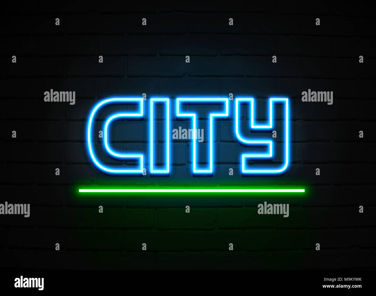 City neon sign Glowing Neon Sign on brickwall wall 3D rendered