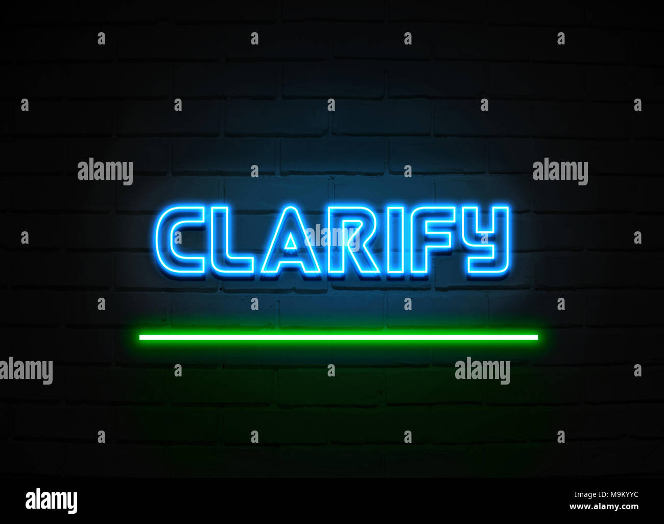Clarify neon sign - Glowing Neon Sign on brickwall wall - 3D rendered royalty free stock illustration. Stock Photo