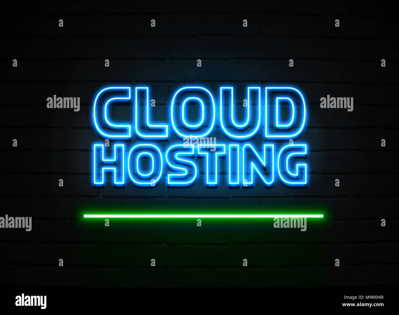 Cloud Hosting neon sign - Glowing Neon Sign on brickwall wall - 3D rendered royalty free stock illustration. Stock Photo