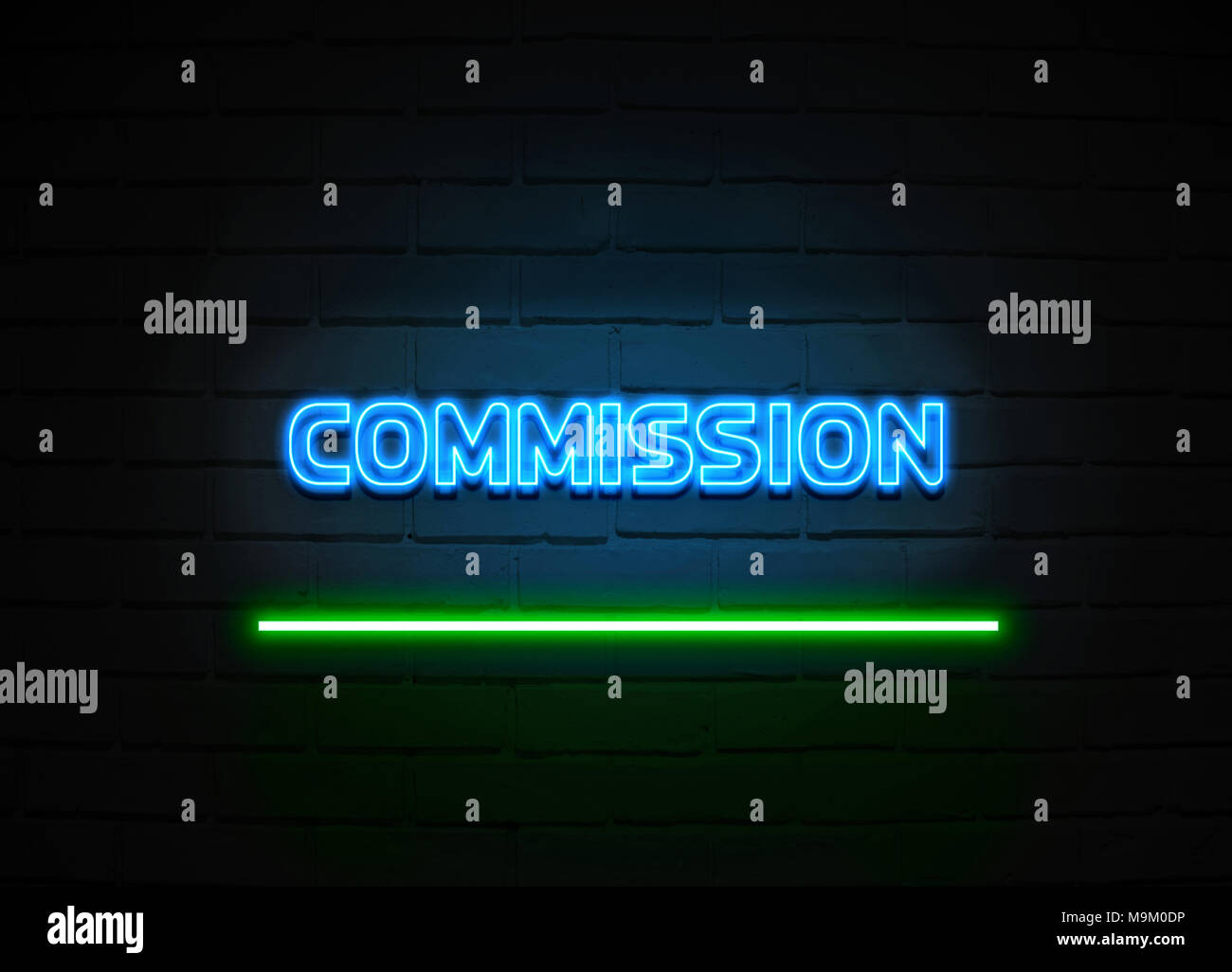 Commission neon sign - Glowing Neon Sign on brickwall wall - 3D rendered royalty free stock illustration. Stock Photo