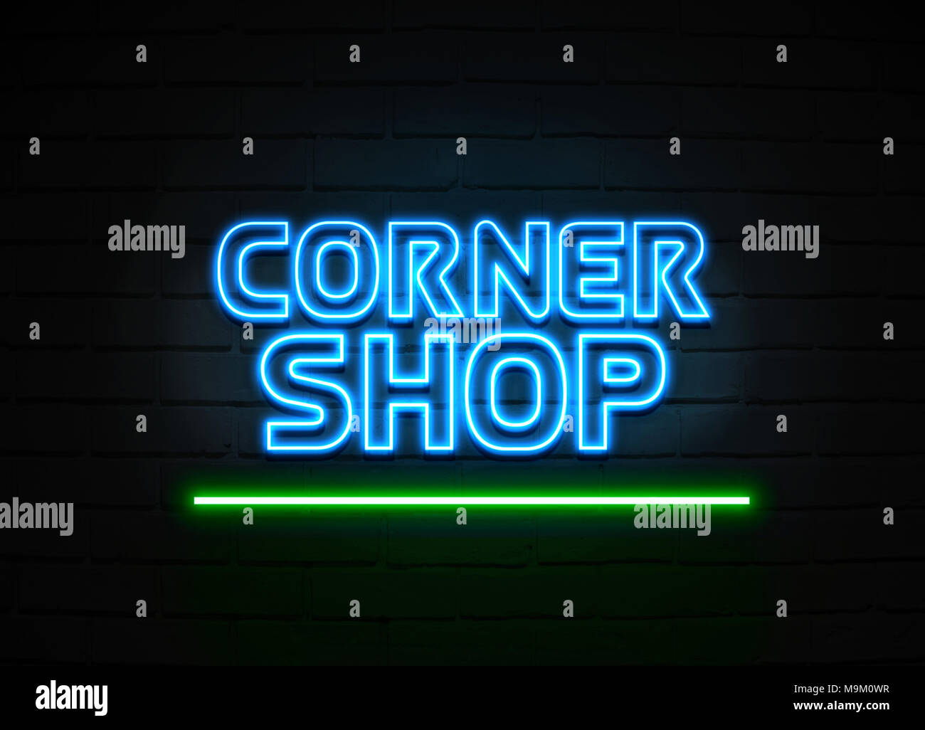 Corner Shop neon sign Glowing Neon Sign on brickwall wall 3D