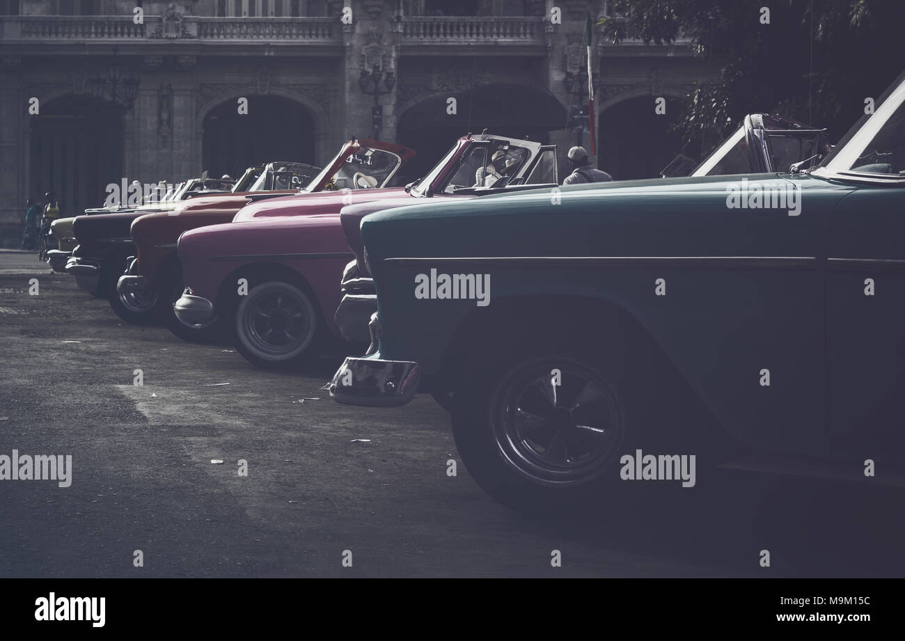 Vintage cars lined up in the capital center of Havana, Cuba Stock Photo