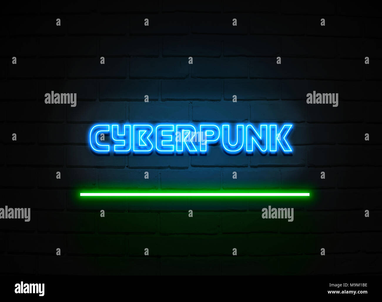 Cyberpunk neon sign - Glowing Neon Sign on brickwall wall - 3D rendered