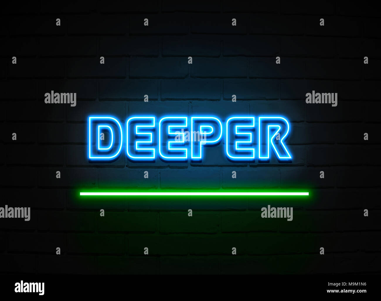 Deeper neon sign - Glowing Neon Sign on brickwall wall - 3D rendered royalty free stock illustration. Stock Photo