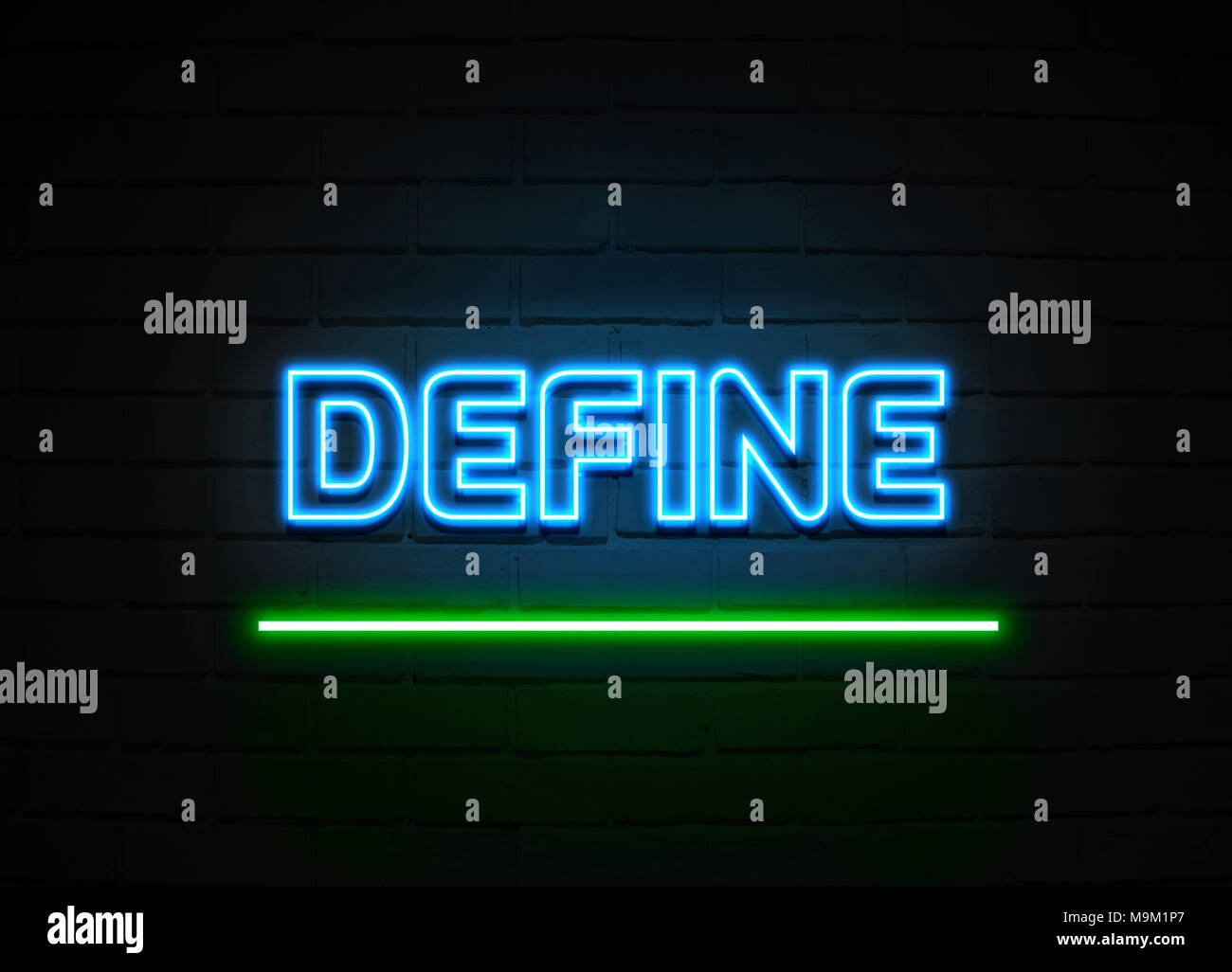 Define neon sign - Glowing Neon Sign on brickwall wall - 3D rendered royalty free stock illustration. Stock Photo