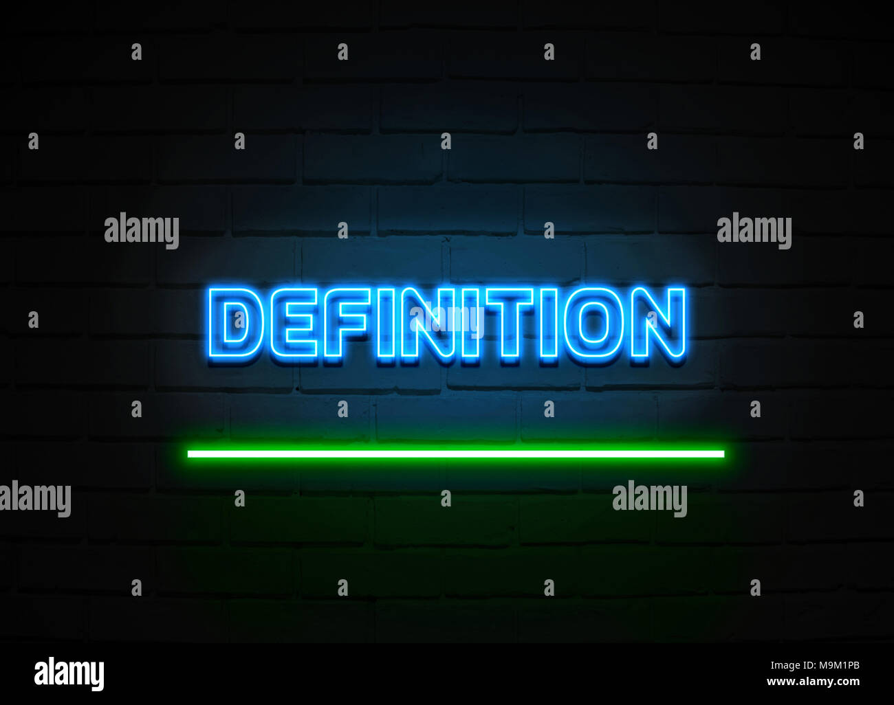 Definition neon sign Glowing Neon Sign on brickwall wall 3D