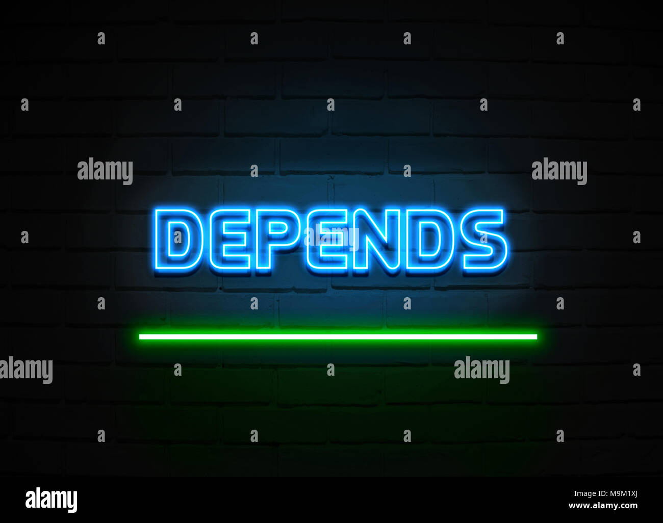 Depends neon sign - Glowing Neon Sign on brickwall wall - 3D rendered royalty free stock illustration. Stock Photo