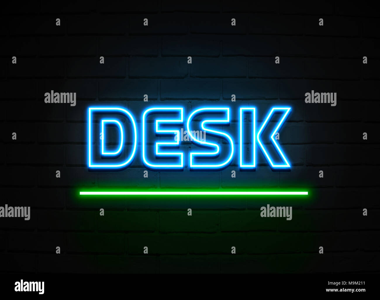 Desk neon sign Glowing Neon Sign on brickwall wall 3D rendered