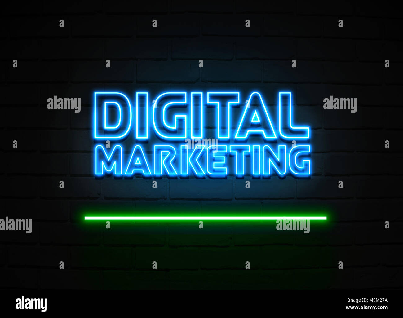 Digital Marketing neon sign - Glowing Neon Sign on brickwall wall - 3D rendered royalty free stock illustration. Stock Photo