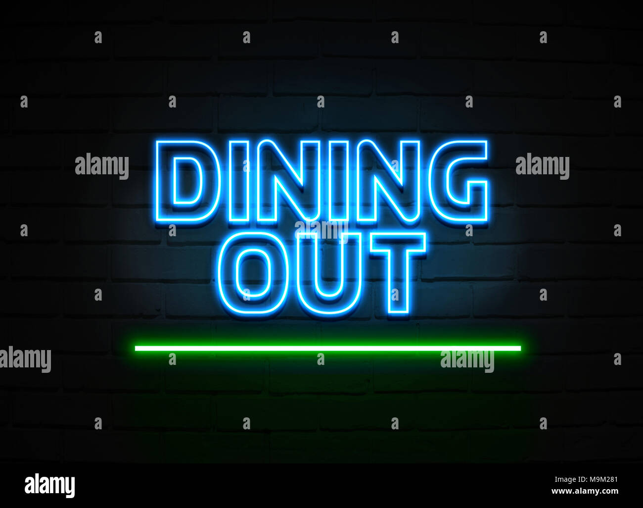 Dining Out neon sign - Glowing Neon Sign on brickwall wall - 3D rendered royalty free stock illustration. Stock Photo