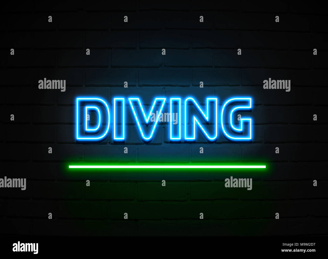 Diving neon sign Glowing Neon Sign on brickwall wall 3D rendered