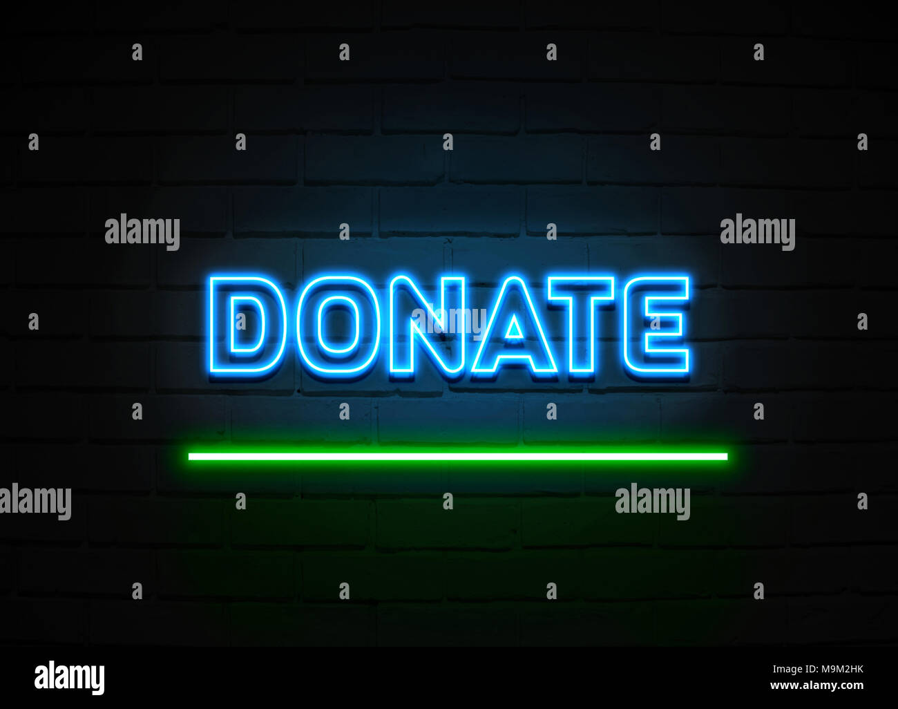 Donate neon sign - Glowing Neon Sign on brickwall wall - 3D rendered royalty free stock illustration. Stock Photo